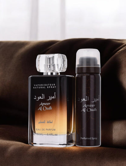 Ameer Al Oudh by Lattafa Gift Set - 3.4 oz Eau De Parfum Spray + 1.7 oz Perfumed Spray