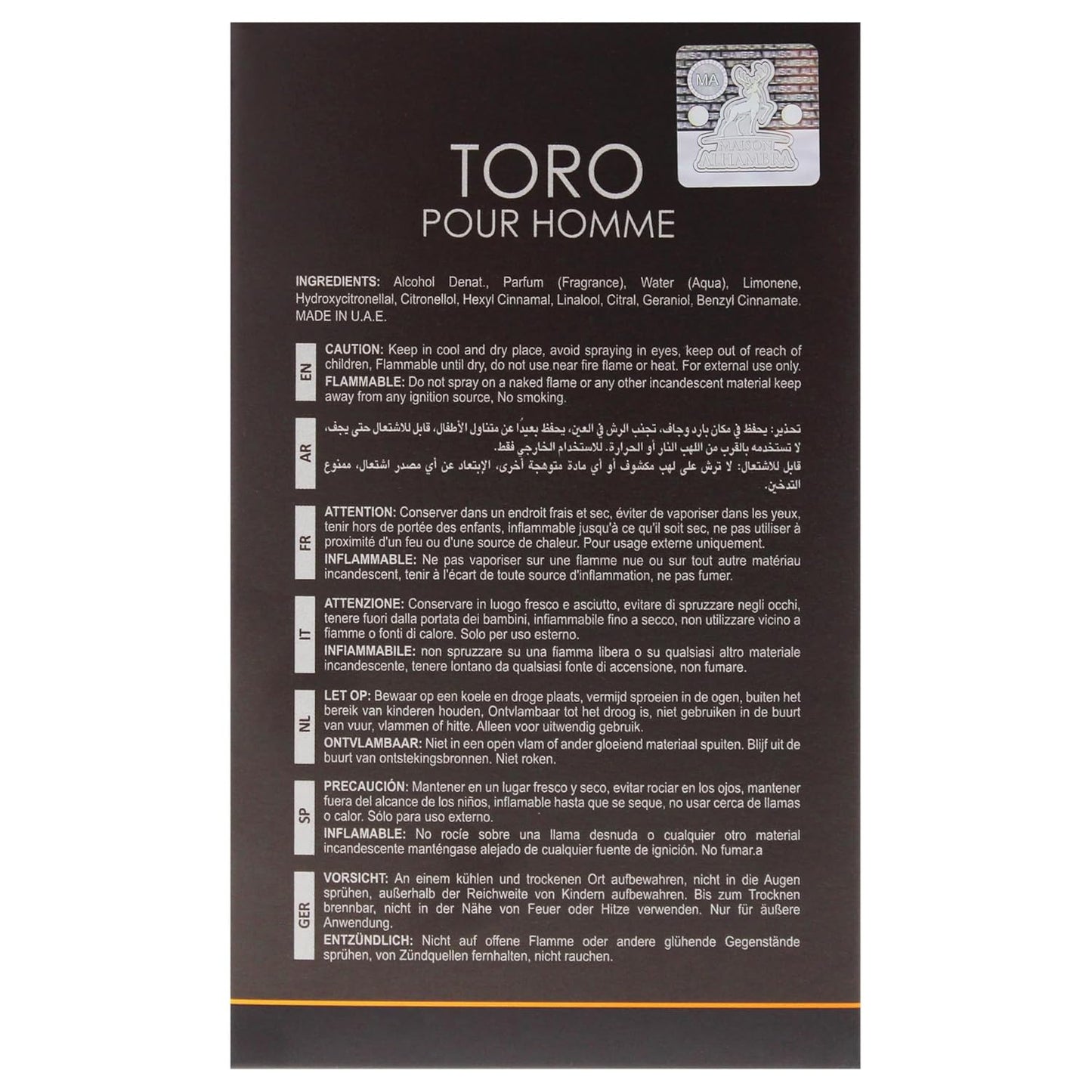 Toro Pour Homme by Maison Alhambra Eau De Parfum Spray