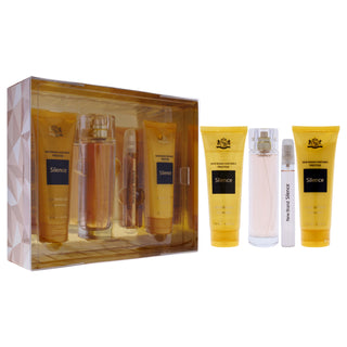 Prestige Silence by New Brand for Women - 4 Pc Gift Set 3.3oz EDP Spray, 0.5oz EDP Spray, 4.3oz Shower Gel, 4.3oz Body Lotion