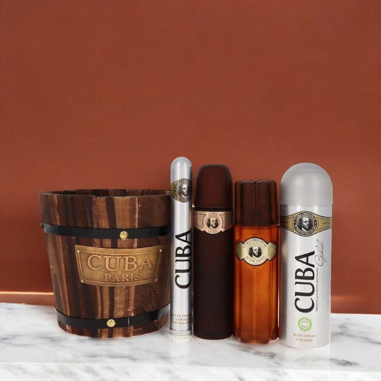 Cuba Gold by Fragluxe Gift Set - 3.4 oz Eau De Toilette Spray + 1.17 oz Eau De Toilette Spray + 6.7 oz Body Spray + 3.3 oz After Shave