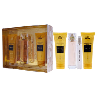 Prestige Silence by New Brand for Women - 4 Pc Gift Set 3.3oz EDP Spray, 0.5oz EDP Spray, 4.3oz Shower Gel, 4.3oz Body Lotion