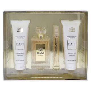 Prestige Dani by New Brand for Women - 4 Pc Gift Set 3.3oz EDP Spray, 0.5oz EDP Spray, 4.4oz Shower Gel, 4.4oz Body Lotion