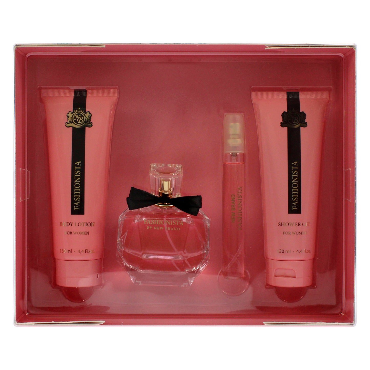 Prestige Fashionista by New Brand for Women - 4 Pc Gift Set 3.4oz EDP Spray, 0.5oz EDP Spray, 4.4oz Shower Gel, 4.4oz Body Lotion