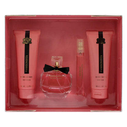 Prestige Fashionista by New Brand for Women - 4 Pc Gift Set 3.4oz EDP Spray, 0.5oz EDP Spray, 4.4oz Shower Gel, 4.4oz Body Lotion