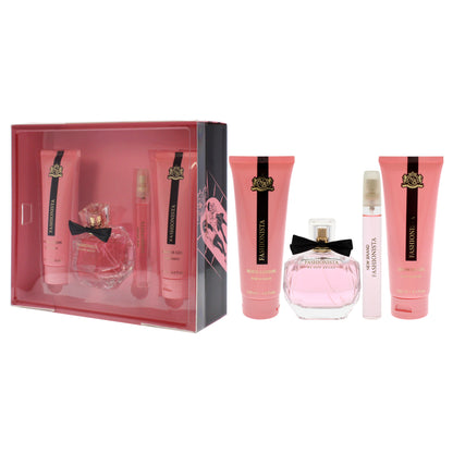 Prestige Fashionista by New Brand for Women - 4 Pc Gift Set 3.4oz EDP Spray, 0.5oz EDP Spray, 4.4oz Shower Gel, 4.4oz Body Lotion