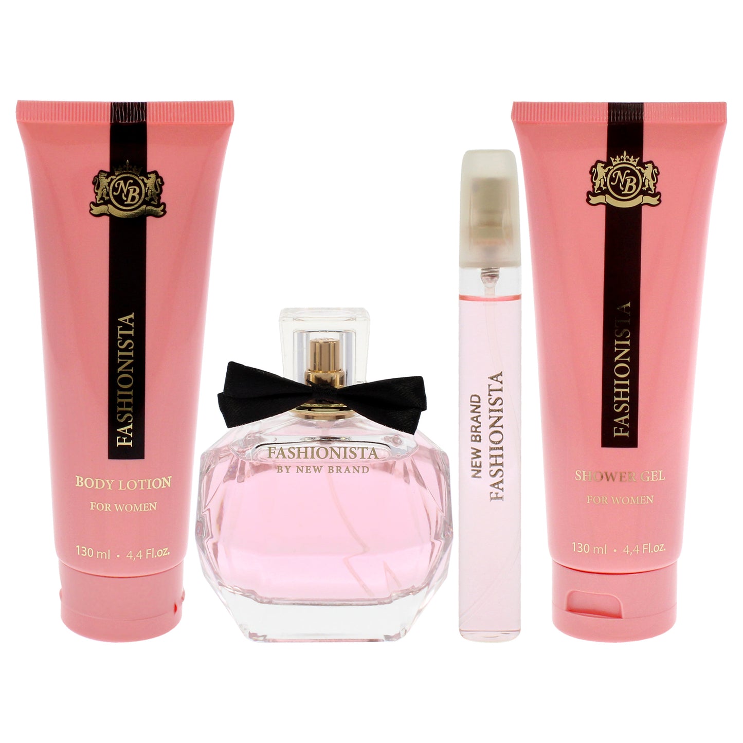 Prestige Fashionista by New Brand for Women - 4 Pc Gift Set 3.4oz EDP Spray, 0.5oz EDP Spray, 4.4oz Shower Gel, 4.4oz Body Lotion