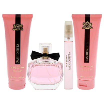 Prestige Fashionista by New Brand for Women - 4 Pc Gift Set 3.4oz EDP Spray, 0.5oz EDP Spray, 4.4oz Shower Gel, 4.4oz Body Lotion
