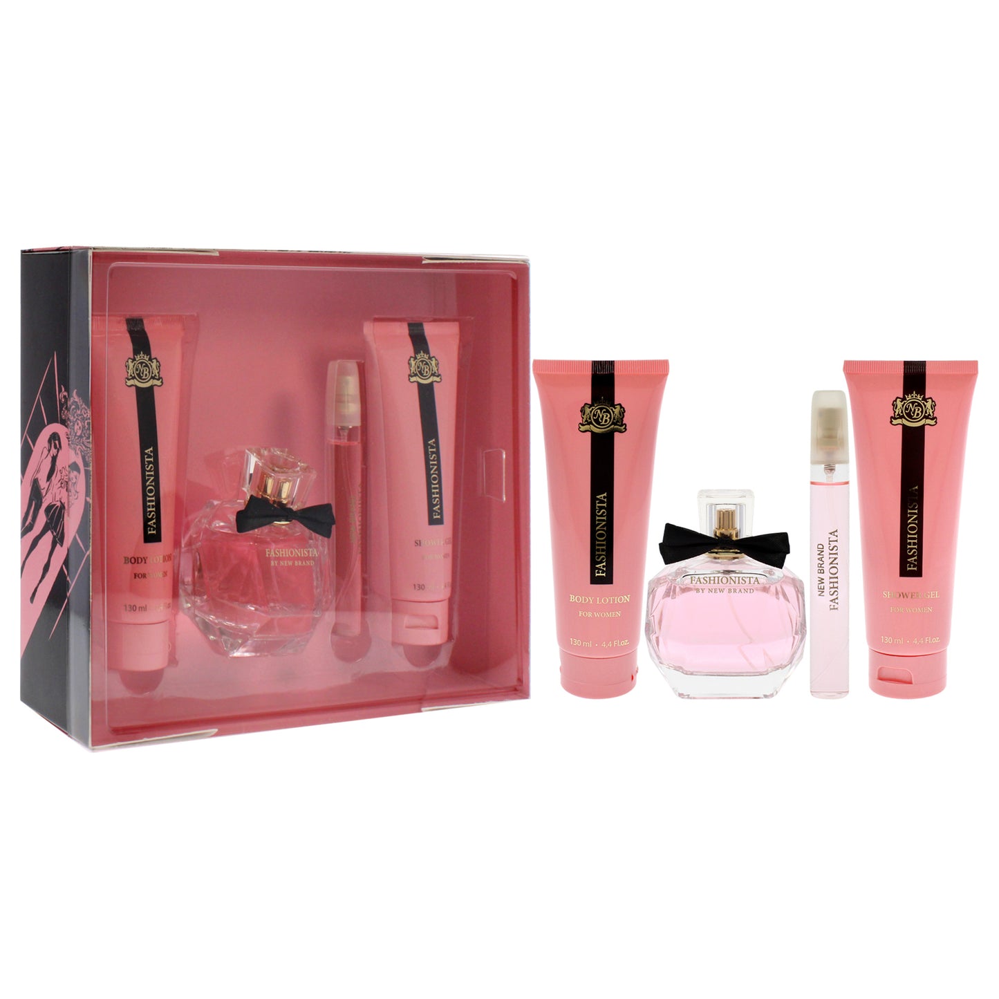 Prestige Fashionista by New Brand for Women - 4 Pc Gift Set 3.4oz EDP Spray, 0.5oz EDP Spray, 4.4oz Shower Gel, 4.4oz Body Lotion